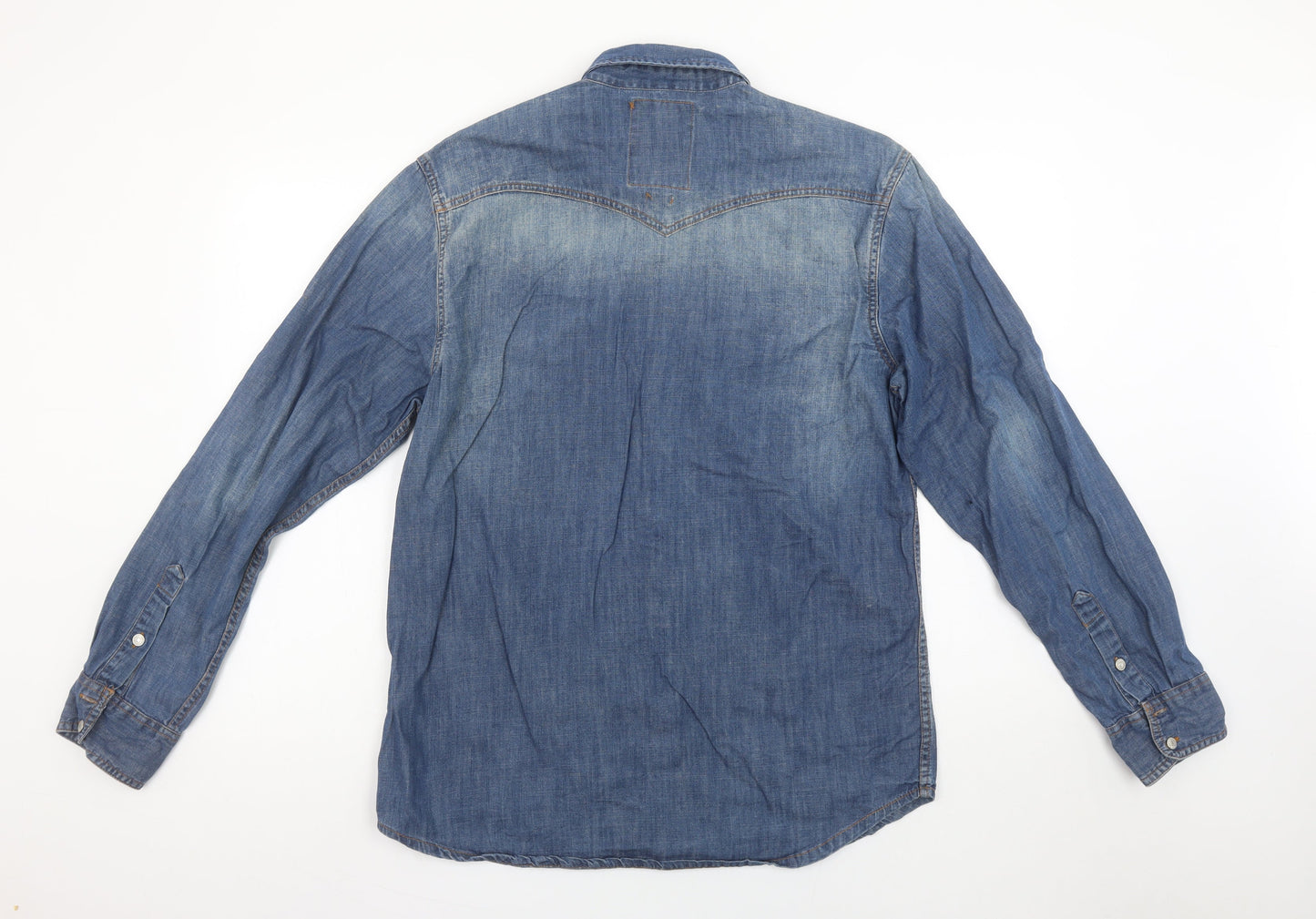 Springfield Men Blue Denim Long Sleeve Button-Up Shirt L Regular Fit