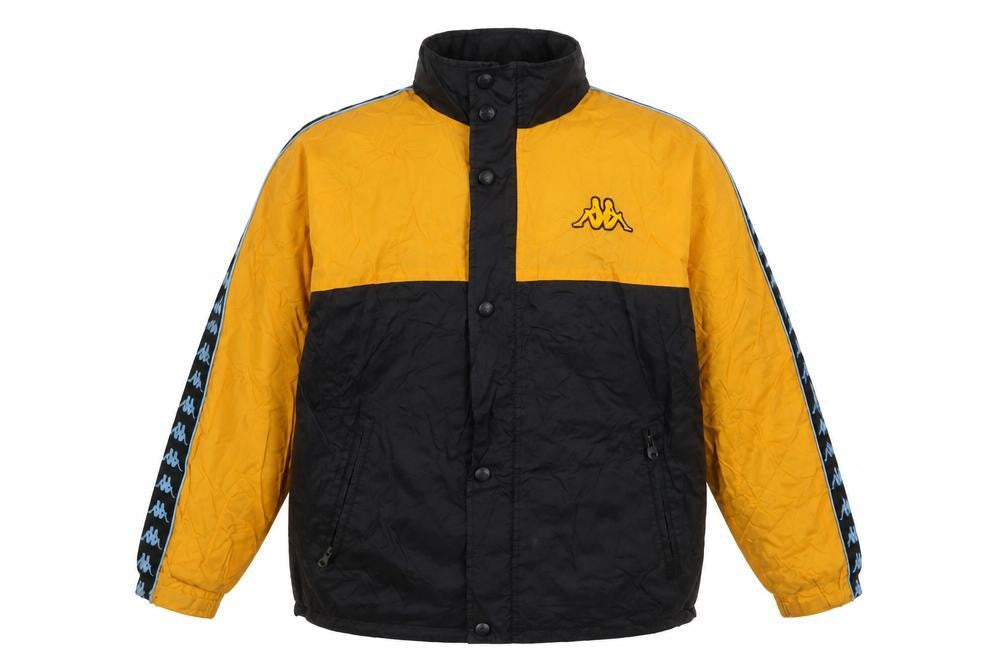 Front view of Kappa boys’ yellow black track jacket, size 164, full zip logo sportswear