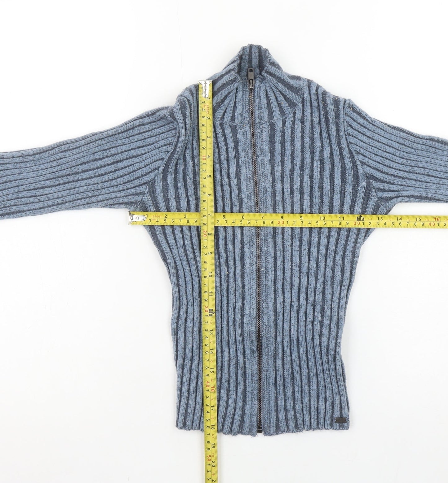 Pull&Bear Teens Blue Ribbed Full Zip Mock Neck Jumper Size 14
