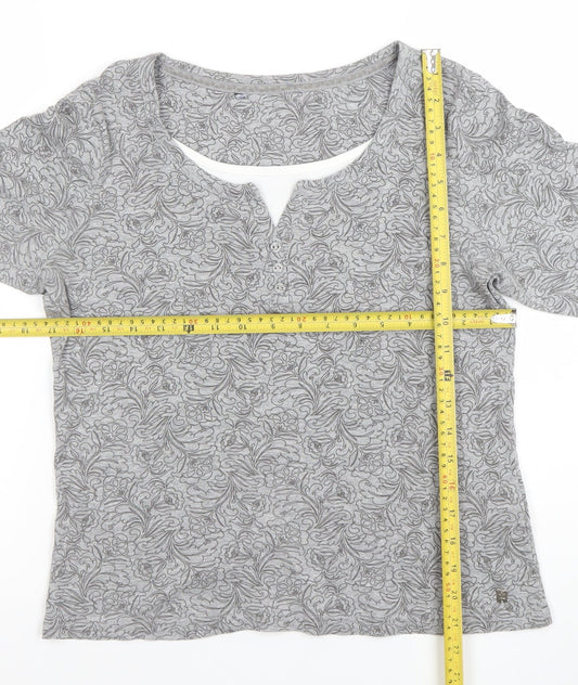 Debenhams Women Grey Floral 3/4 Sleeve Henley Top Size 14 Cotton Viscose