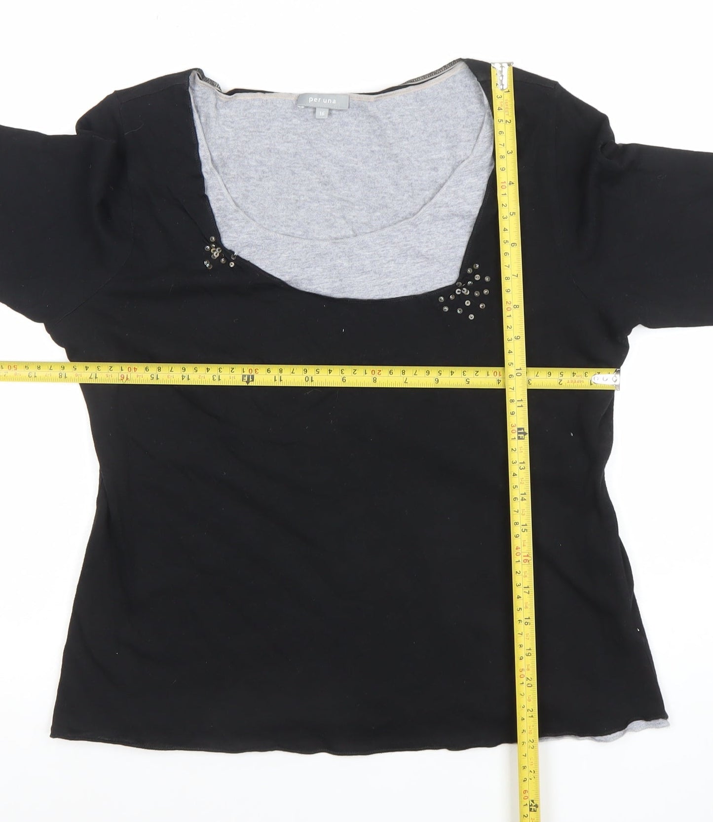 Marks and Spencer Per Una Black Beaded 3/4 Sleeve Scoop Neck Cotton Modal Blouse Size 16