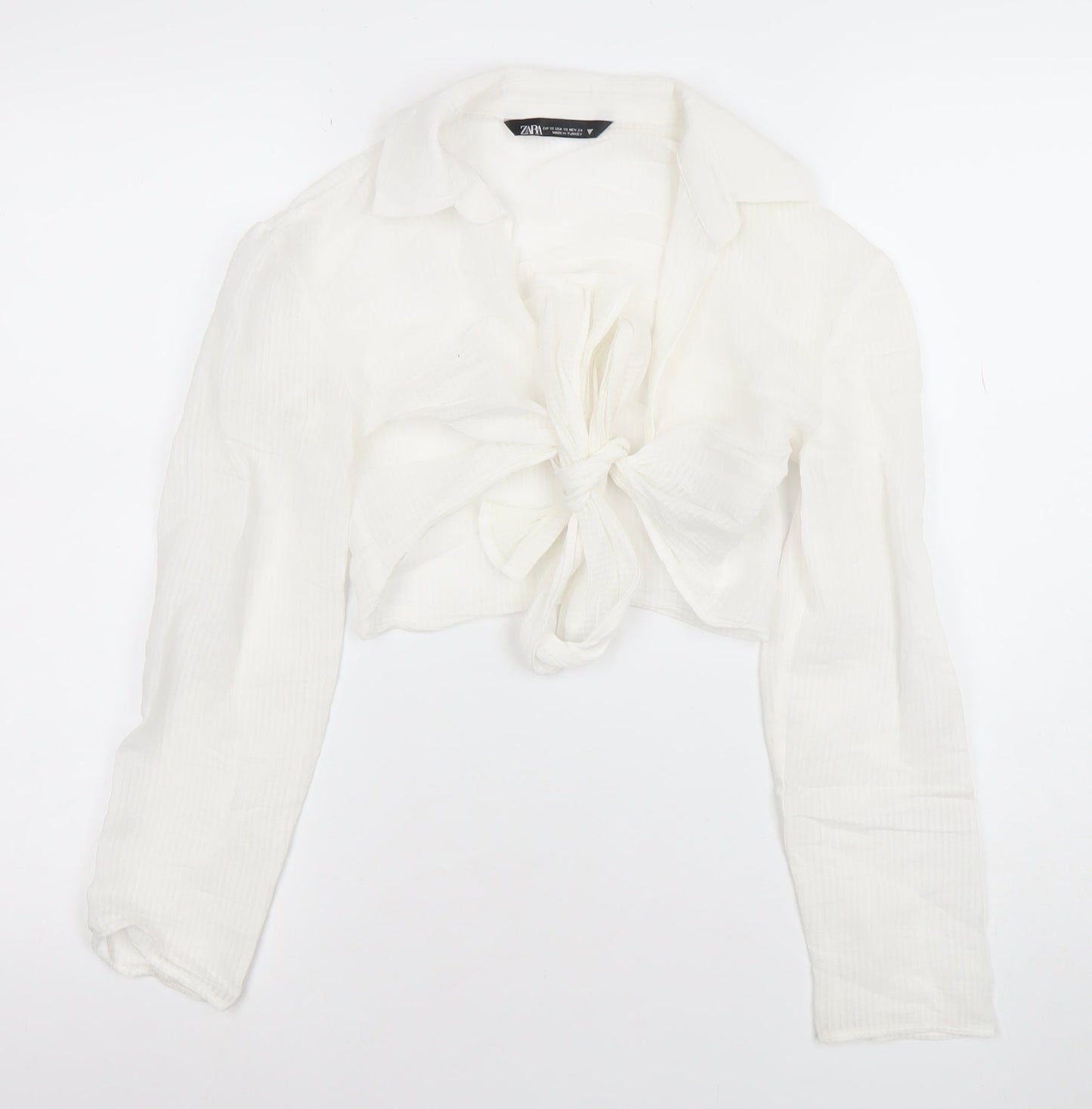 Zara Women’s White Cropped Tie Blouse XS Long Sleeve Viscose