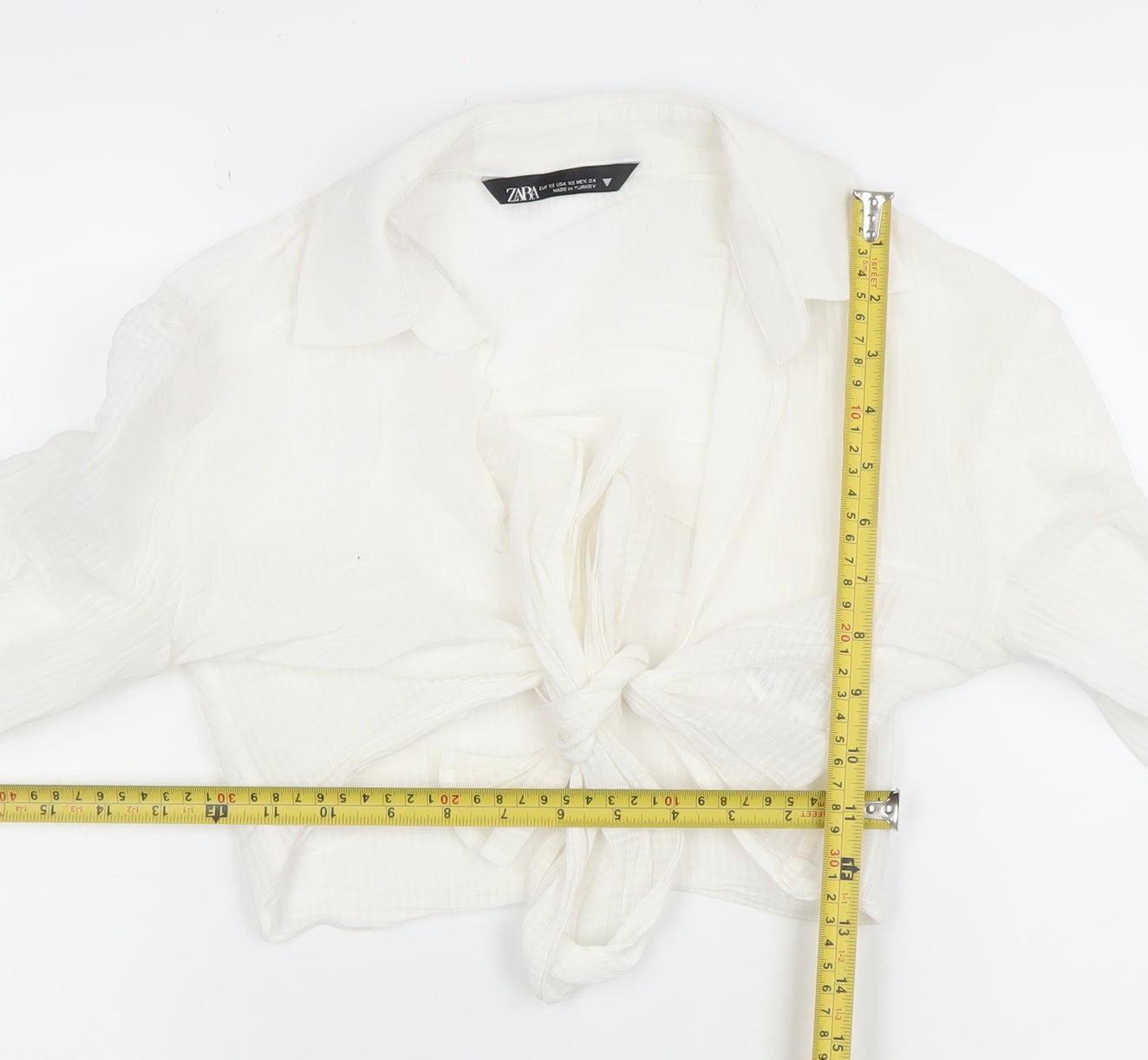 Zara Women’s White Cropped Tie Blouse XS Long Sleeve Viscose