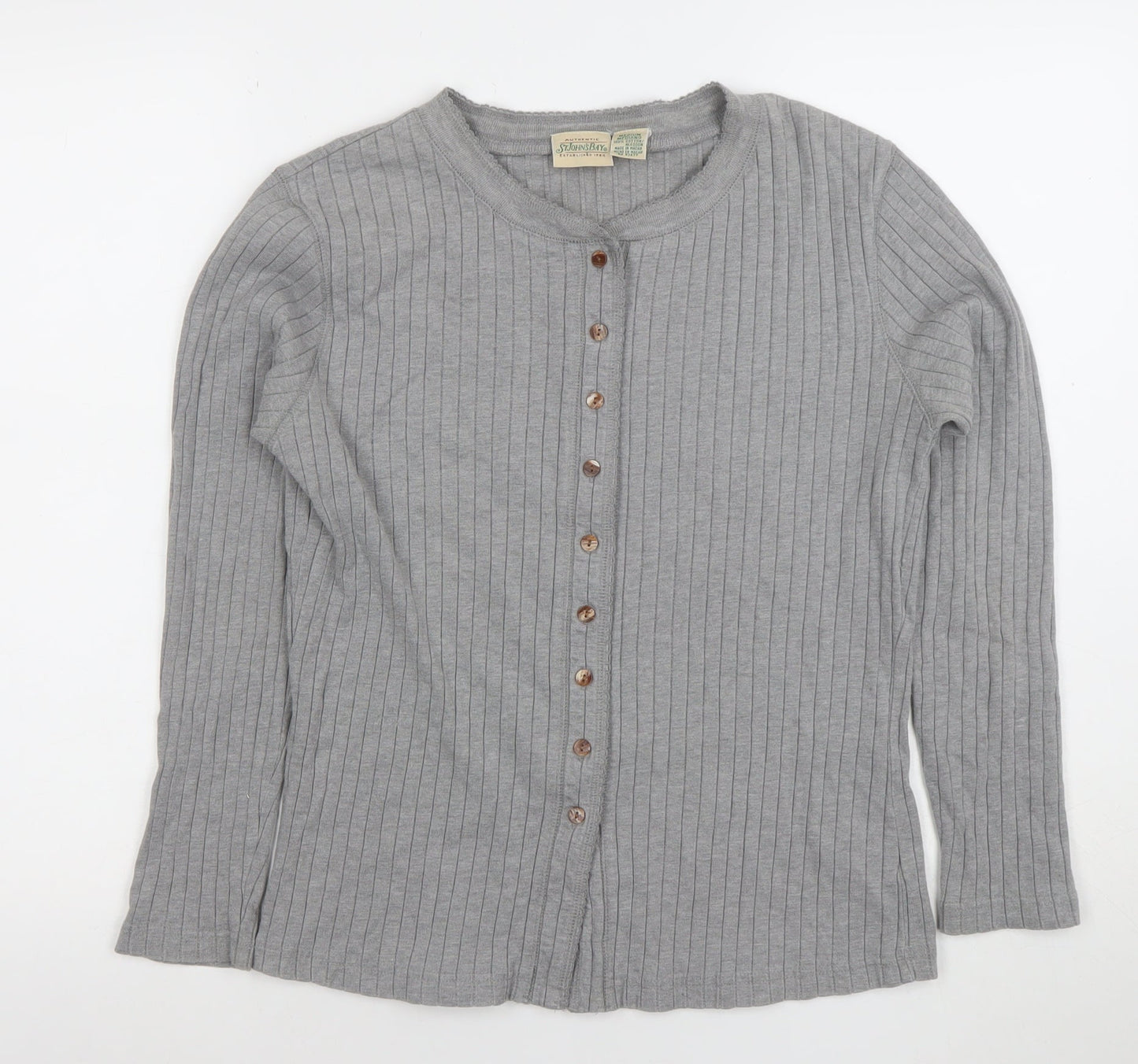St. Johns Bay Womens Grey Button-Up Long Sleeve Cotton Top Size M