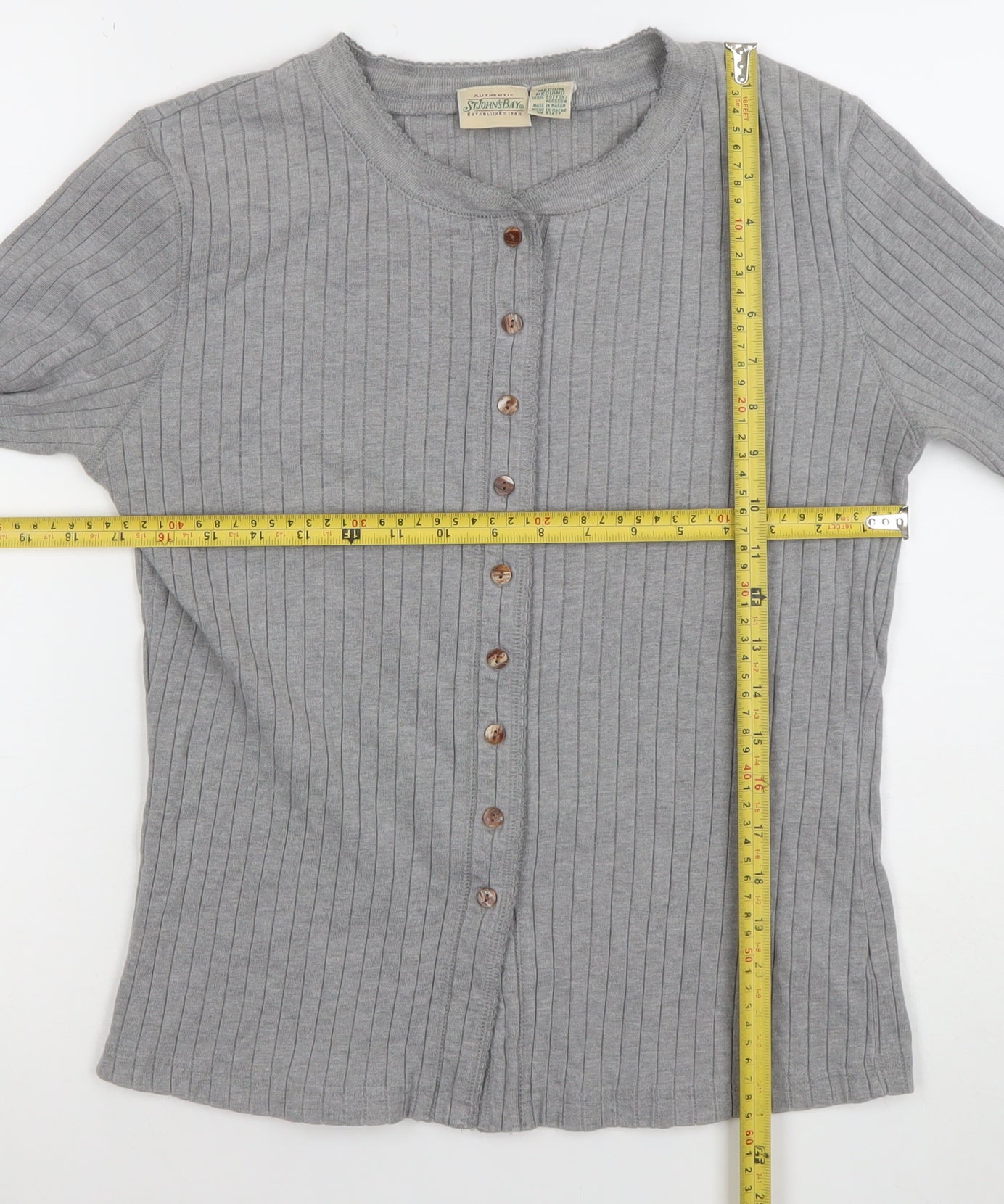 St. Johns Bay Womens Grey Button-Up Long Sleeve Cotton Top Size M