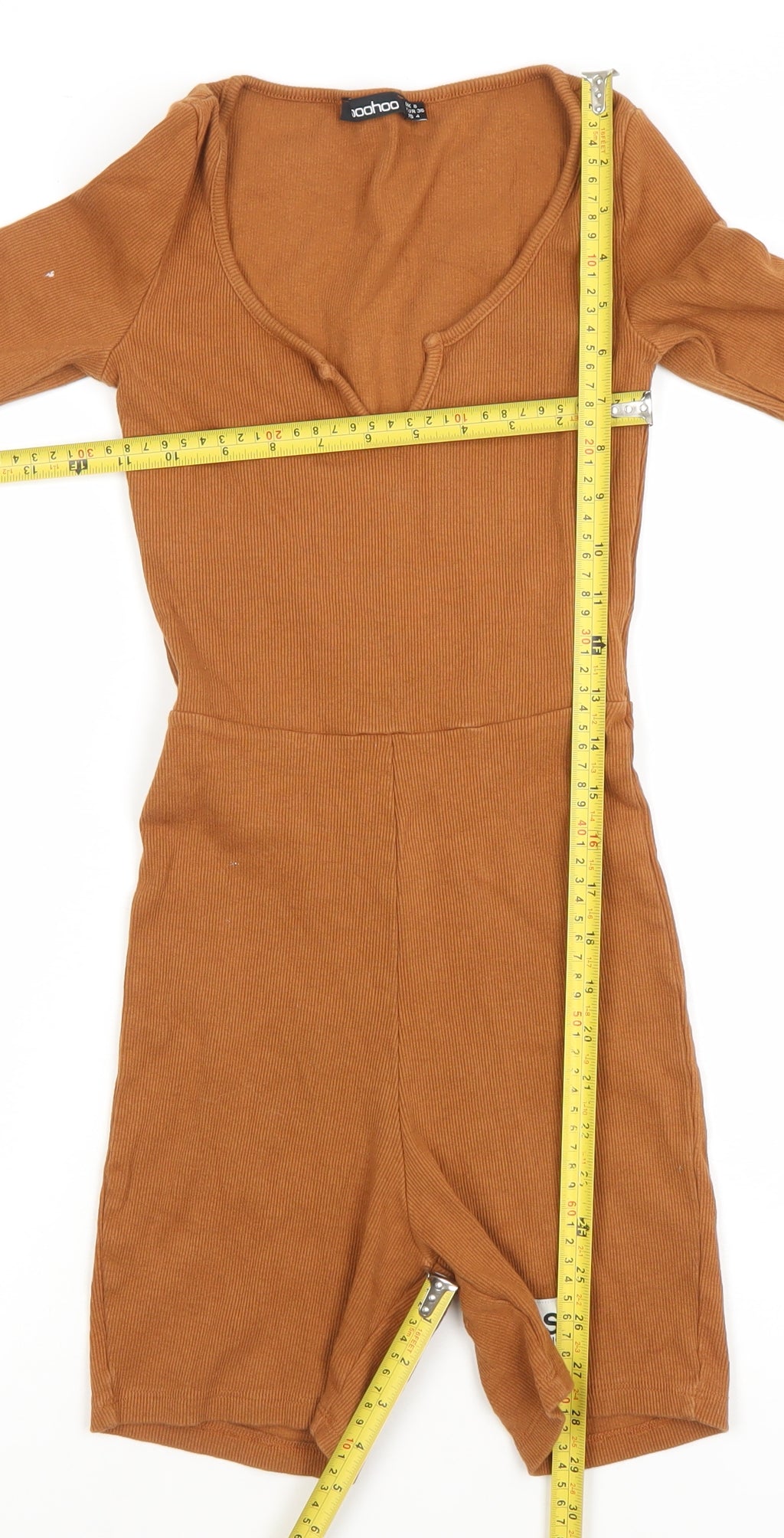 Boohoo Women Brown Long Sleeve Ribbed Playsuit UK 8 Slim Fit