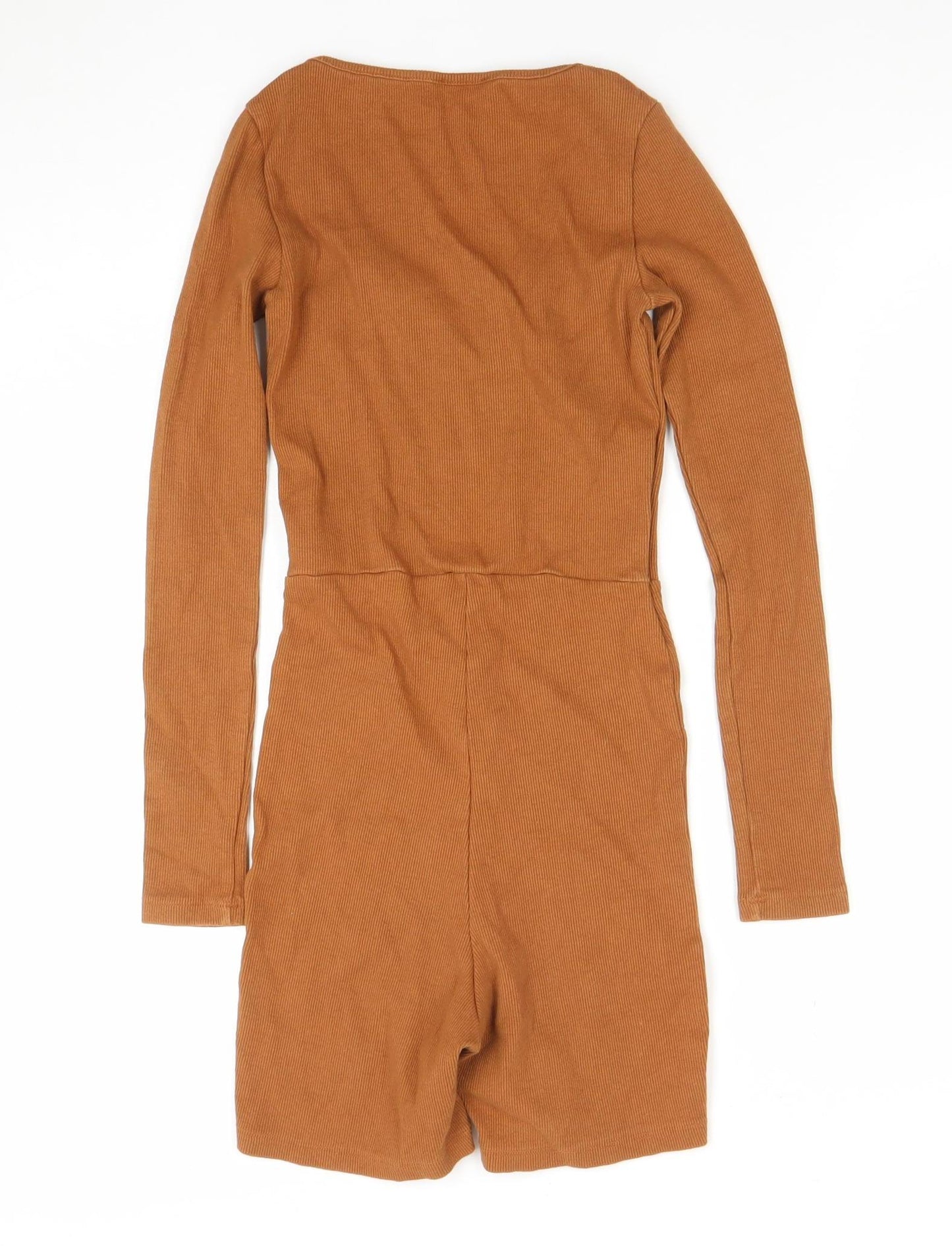 Boohoo Women Brown Long Sleeve Ribbed Playsuit UK 8 Slim Fit