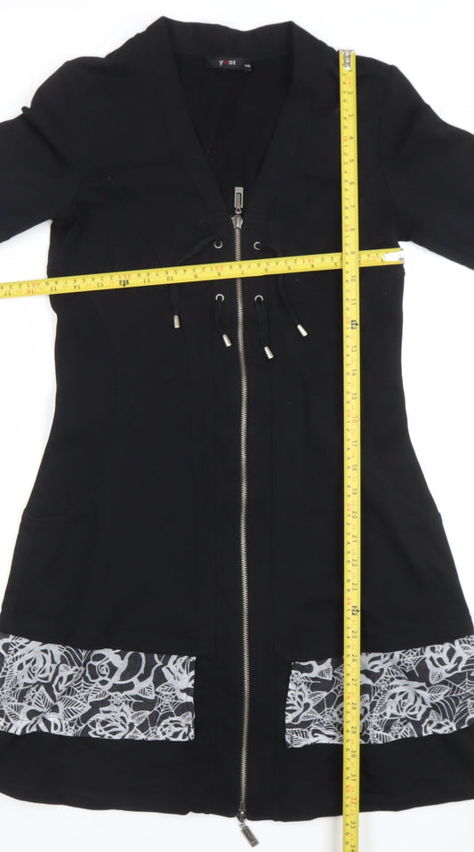 Yest Women Black XS Fit & Flare Floral Zip Knee Length Dress