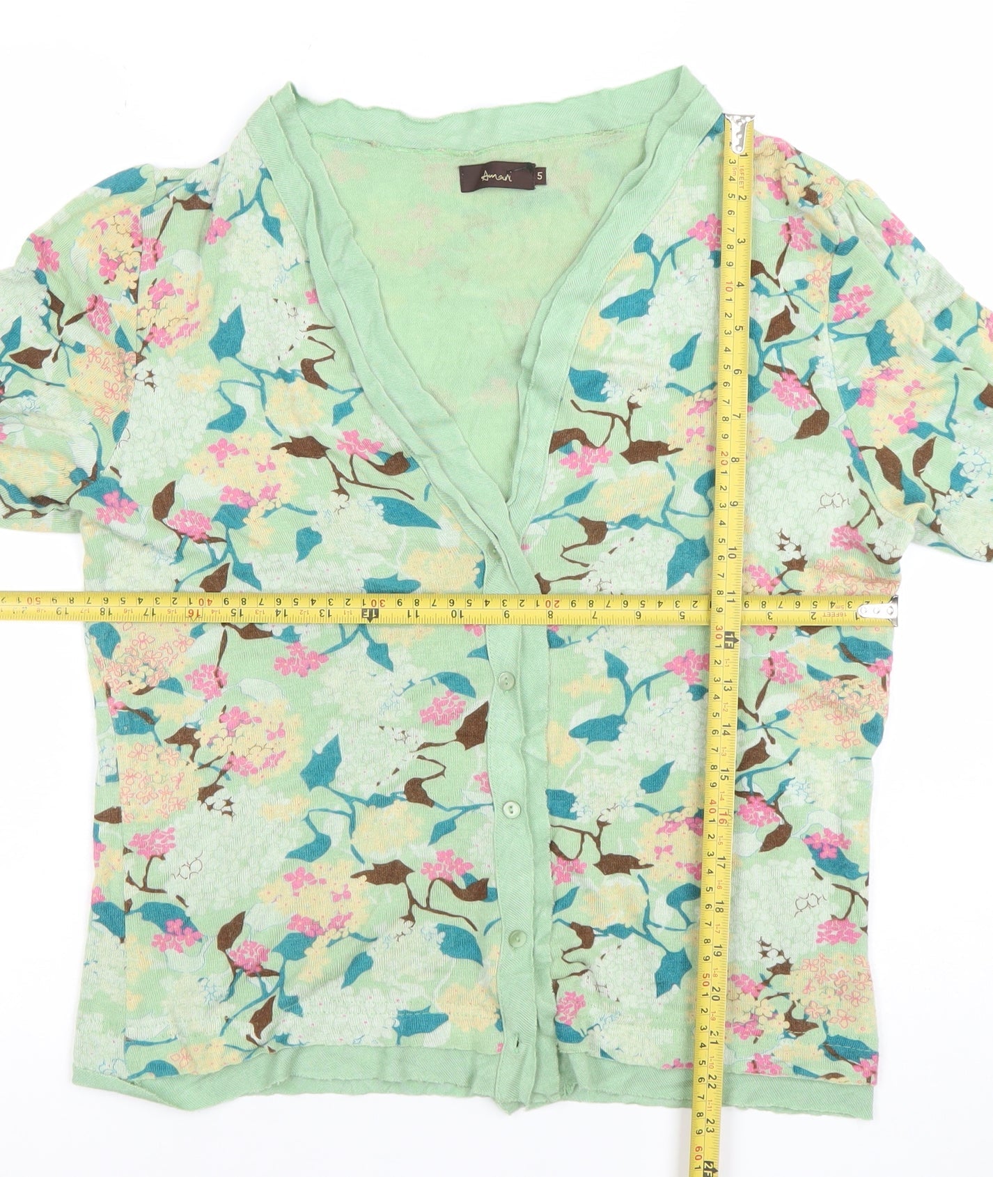 Amari Womens Green Floral Cardigan Small V-Neck Button Front Lightweight