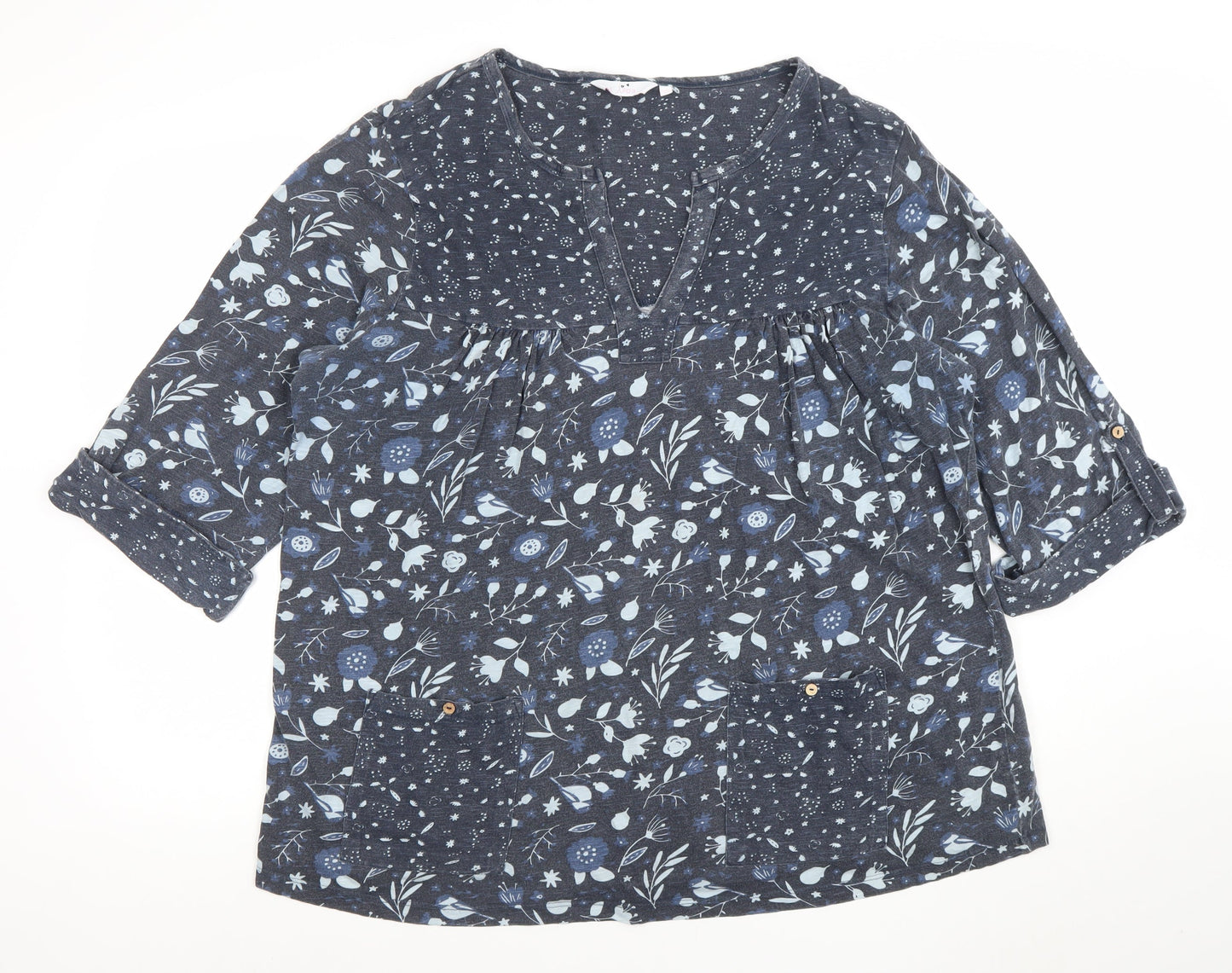 Julipa Women Blue Floral Tunic Blouse Size 20 3/4 Sleeve V-Neck Cotton