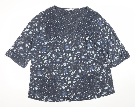 Julipa Women Blue Floral Tunic Blouse Size 20 3/4 Sleeve V-Neck Cotton