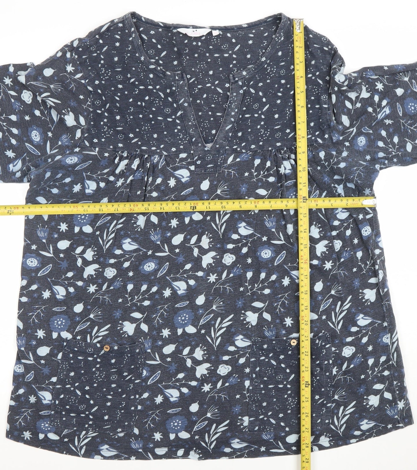 Julipa Women Blue Floral Tunic Blouse Size 20 3/4 Sleeve V-Neck Cotton