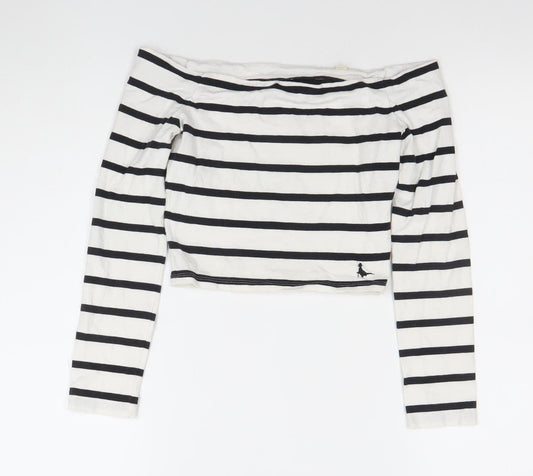 Jack Wills Womens White Black Striped Off Shoulder Cropped Top UK 8
