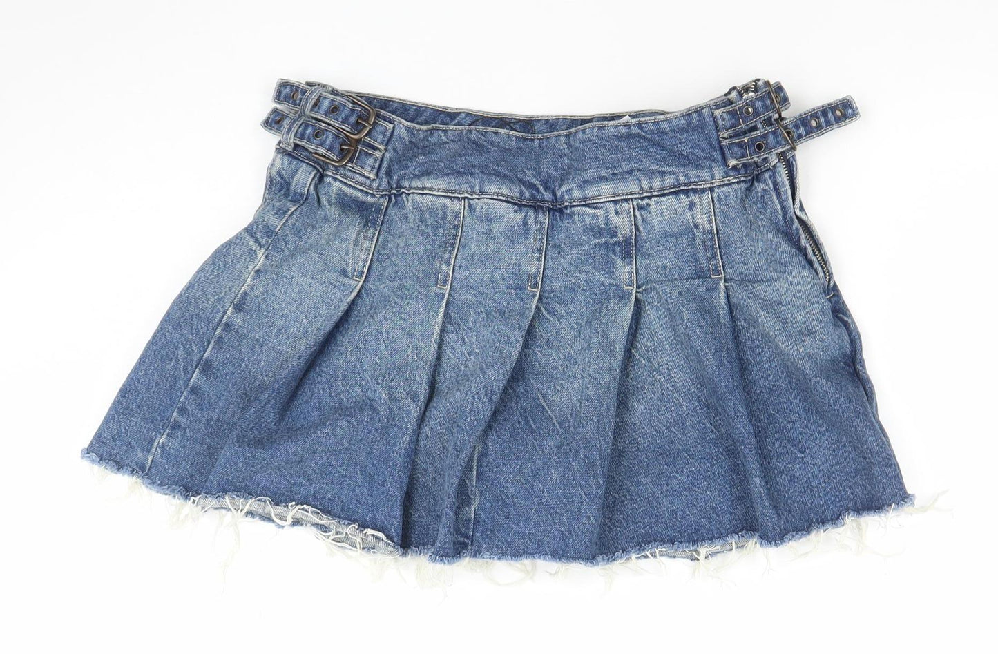 Bershka Women's Blue Denim Cut-Off Pleated Shorts Size 8