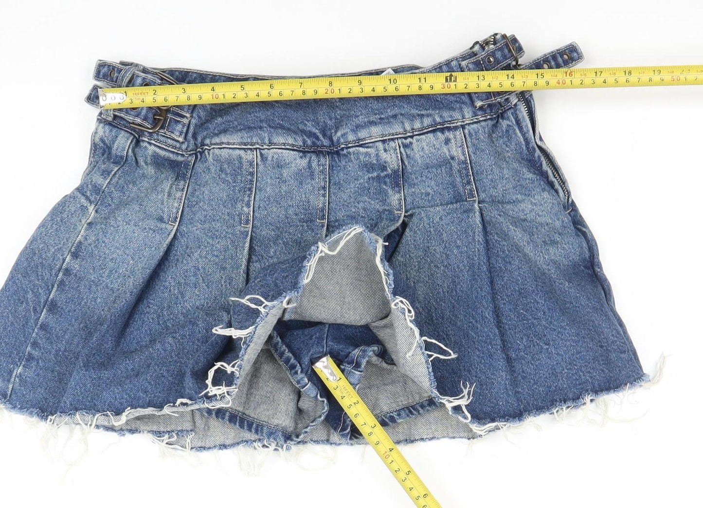 Bershka Women's Blue Denim Cut-Off Pleated Shorts Size 8