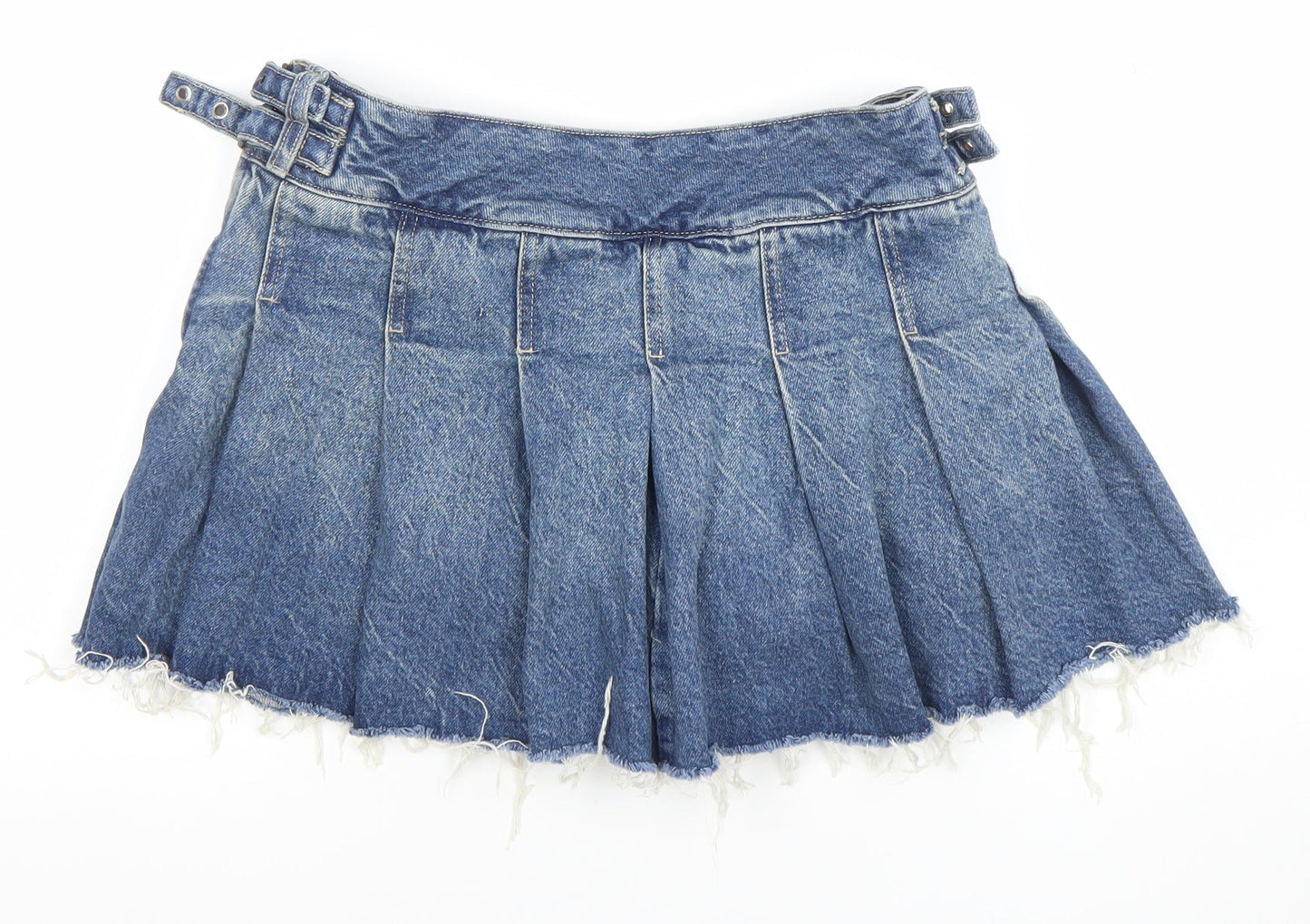 Bershka Women's Blue Denim Cut-Off Pleated Shorts Size 8