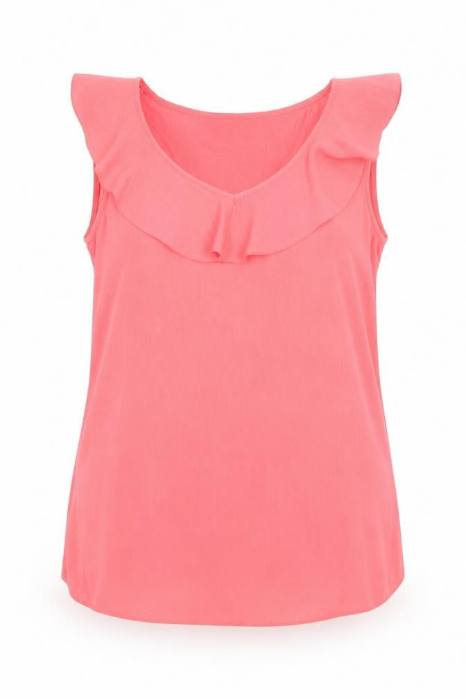 Front view of Dunnes Women’s Pink Ruffle Sleeveless Tunic Blouse, size S