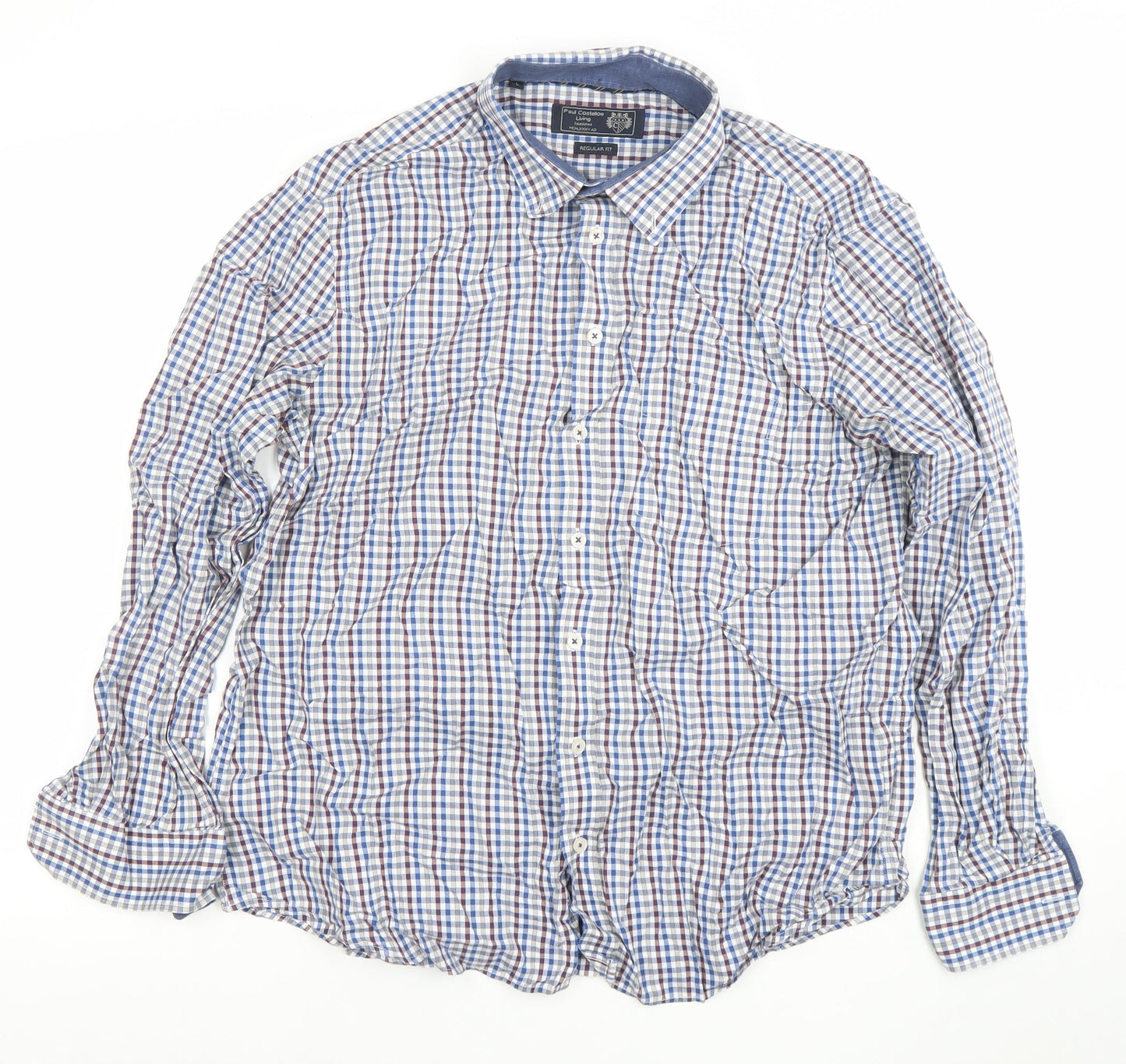 Paul Costelloe Living Men's Blue Check Cotton Long Sleeve Button-Up Shirt Large