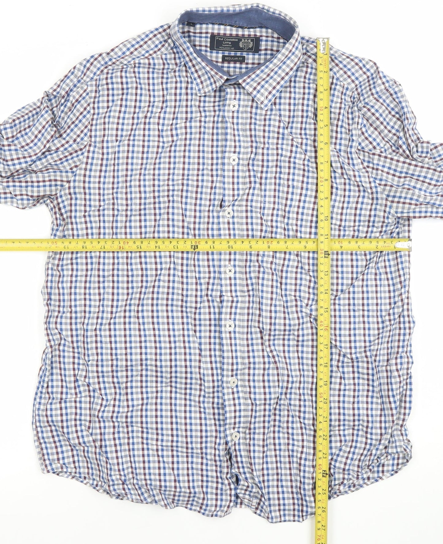 Paul Costelloe Living Men's Blue Check Cotton Long Sleeve Button-Up Shirt Large