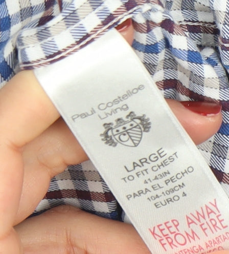 Paul Costelloe Living Men's Blue Check Cotton Long Sleeve Button-Up Shirt Large