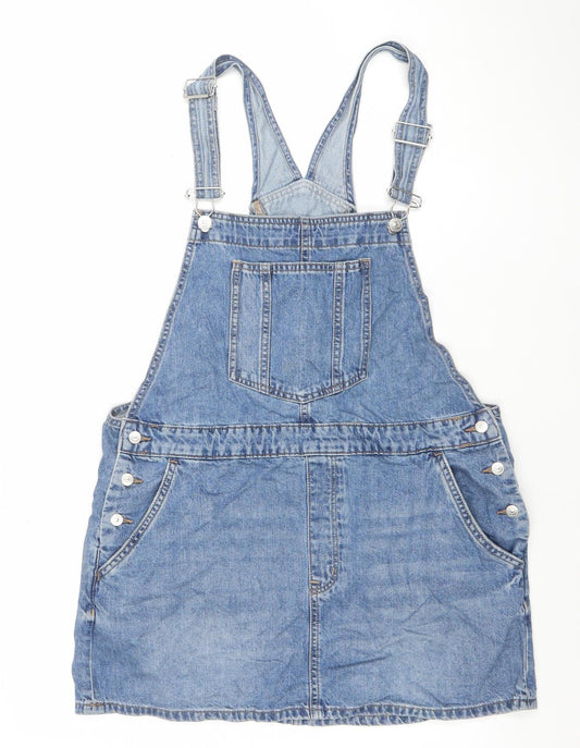 H&M Women Blue Denim Pinafore Dress Size 12 Adjustable Straps