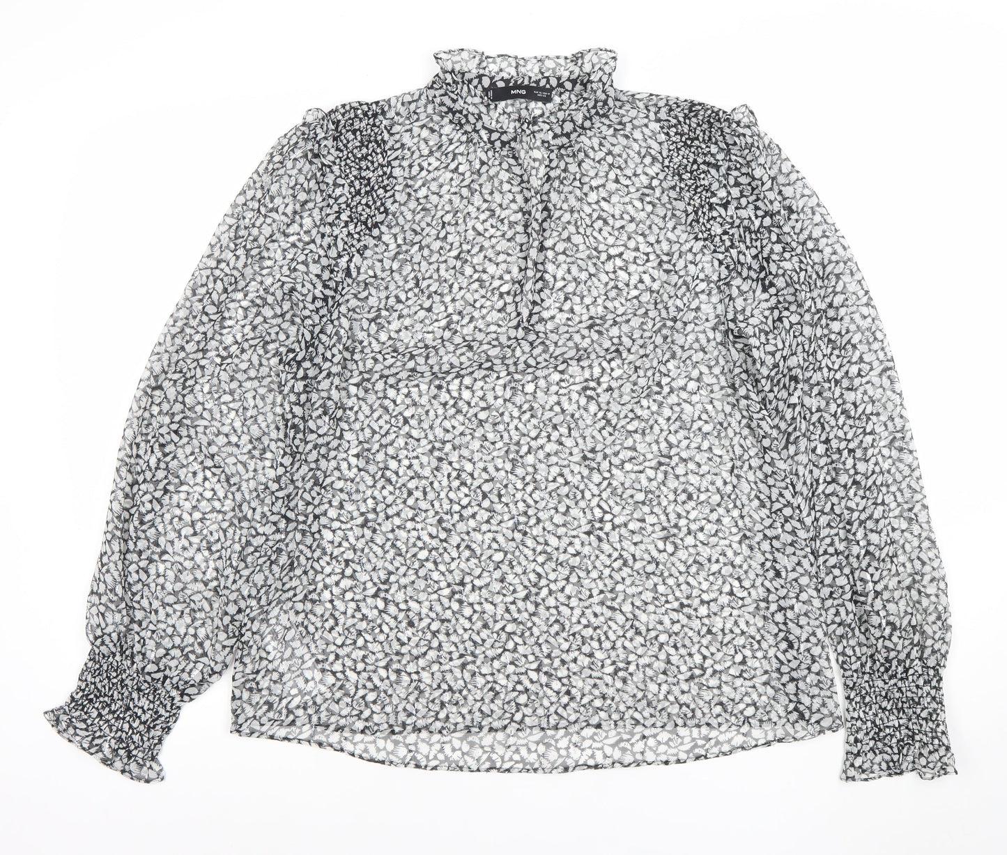 MNG Women's Black Floral Chiffon Long Sleeve Ruffle Blouse Size L