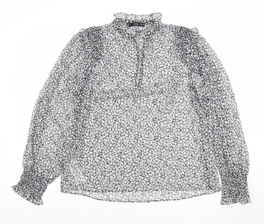 MNG Women's Black Floral Chiffon Long Sleeve Ruffle Blouse Size L