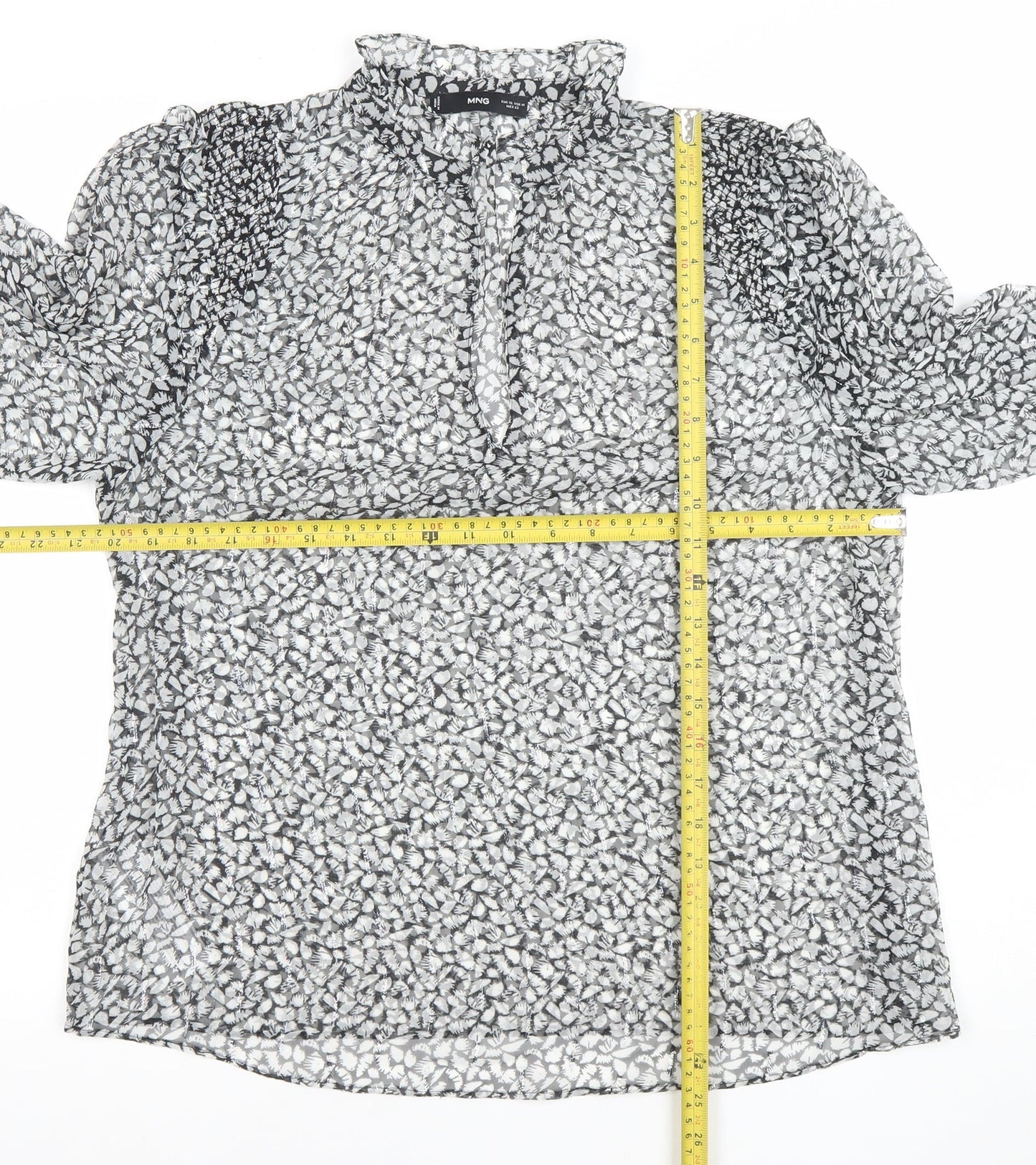 MNG Women's Black Floral Chiffon Long Sleeve Ruffle Blouse Size L