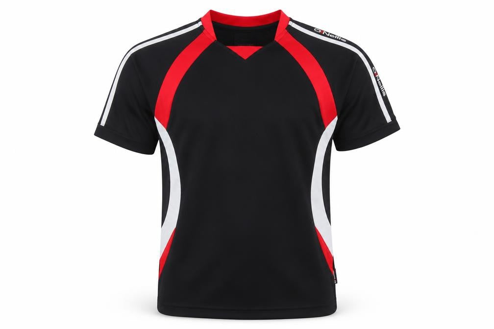 Front view of O'Neill boys’ black red sports t-shirt 10-11 years quick dry activewear top