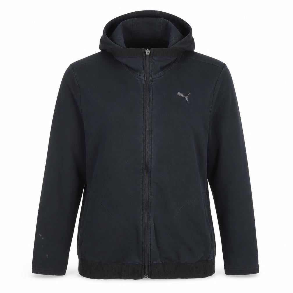 Front view of Puma women’s black full zip hooded sweatshirt, size L, cotton blend