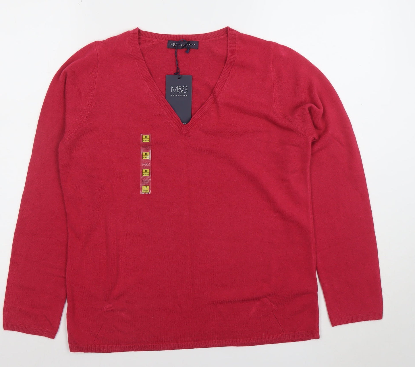 Marks and Spencer Women's Red V-Neck Long Sleeve Acrylic Jumper Size 16