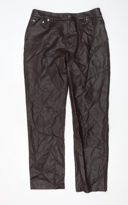 River Island Women Brown Faux Leather Straight Trousers Size 14