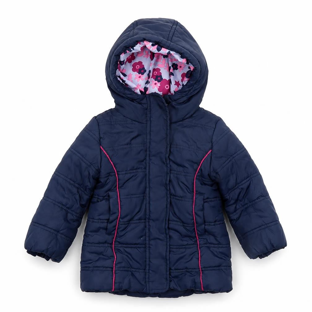 Front view of Hatley girls’ blue hooded puffer jacket 2 years quilt lined winter coat