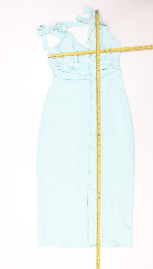 In The Style Women's Blue Size 8 Bodycon Midi Dress with Button Detail