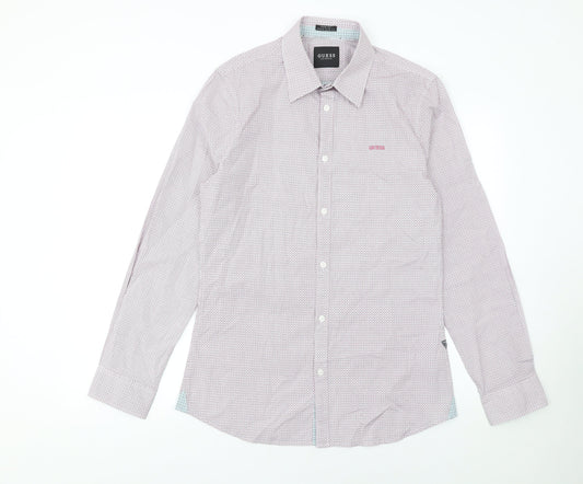 Guess Mens White Slim Fit Geometric Long Sleeve Button Up Shirt Size L
