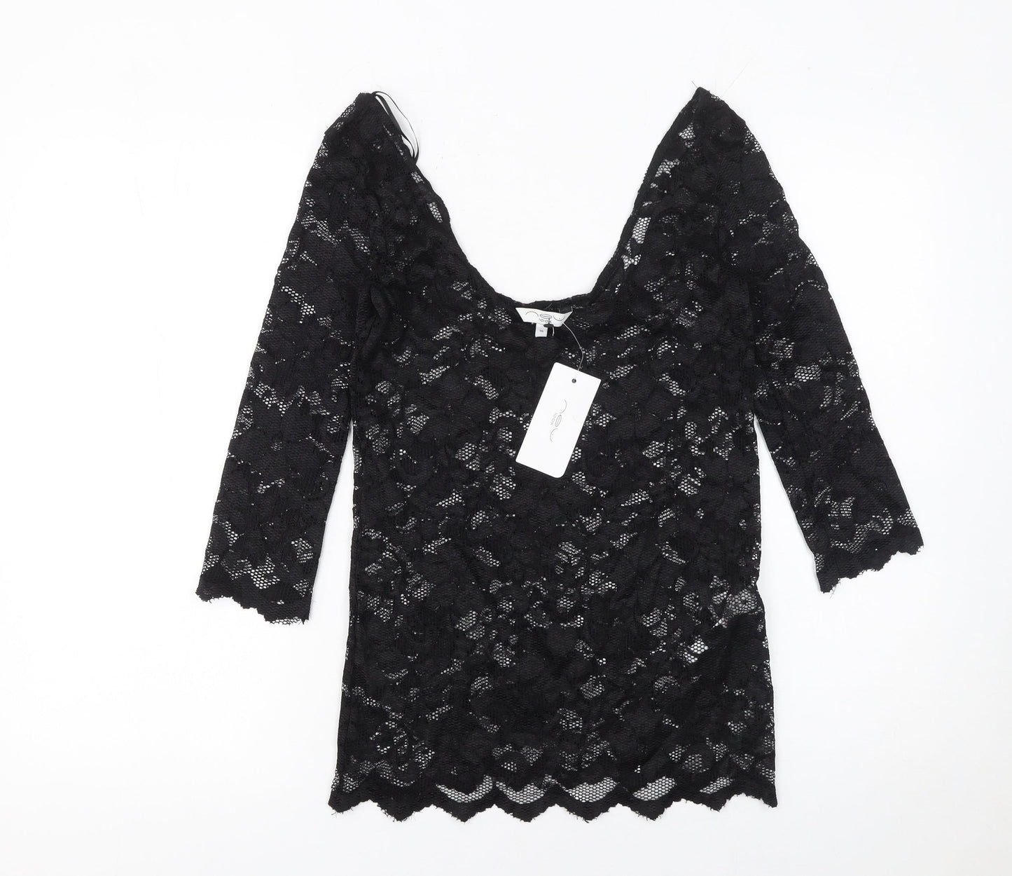 New Look Women’s Black Lace 3/4 Sleeve Tunic Blouse Size 16