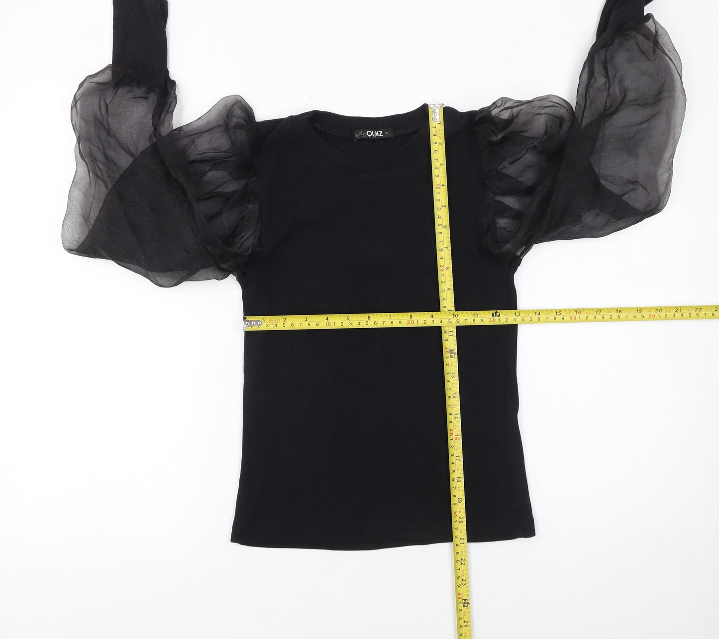 Quiz Womens Black Puff Sleeve Crew Neck T-Shirt Size S