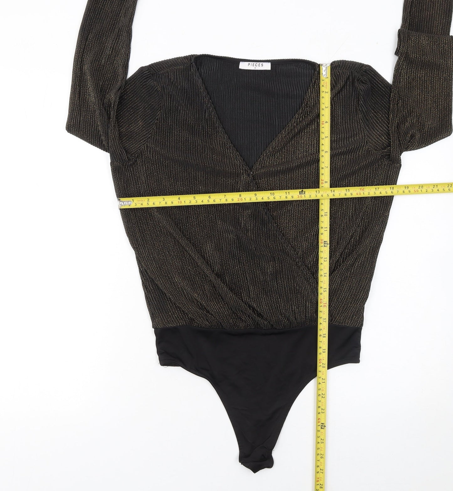 Pieces Womens Black Gold Long Sleeve Wrap Bodysuit Size M