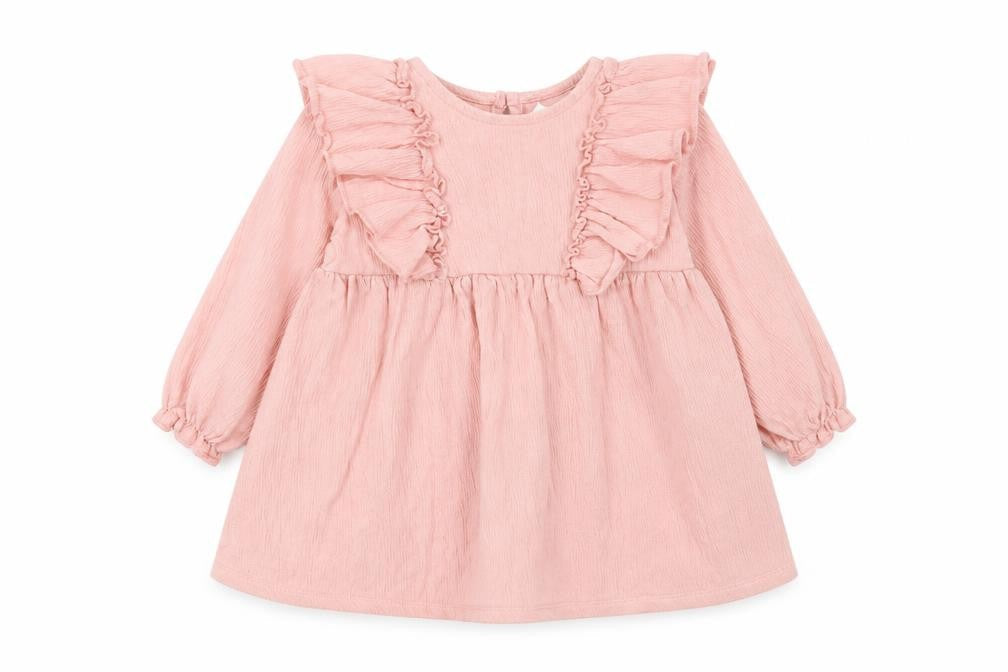 Front view of H&M girls’ pink ruffle a-line long sleeve dress 9-12 months