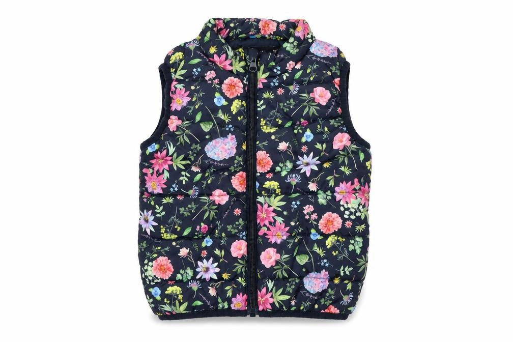 Front view of NAME IT girls’ multicoloured floral puffer waistcoat gilet 2 years