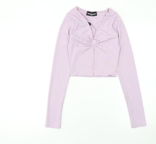 Another Reason Women Purple Cropped V-Neck Ribbed Long Sleeve Top M