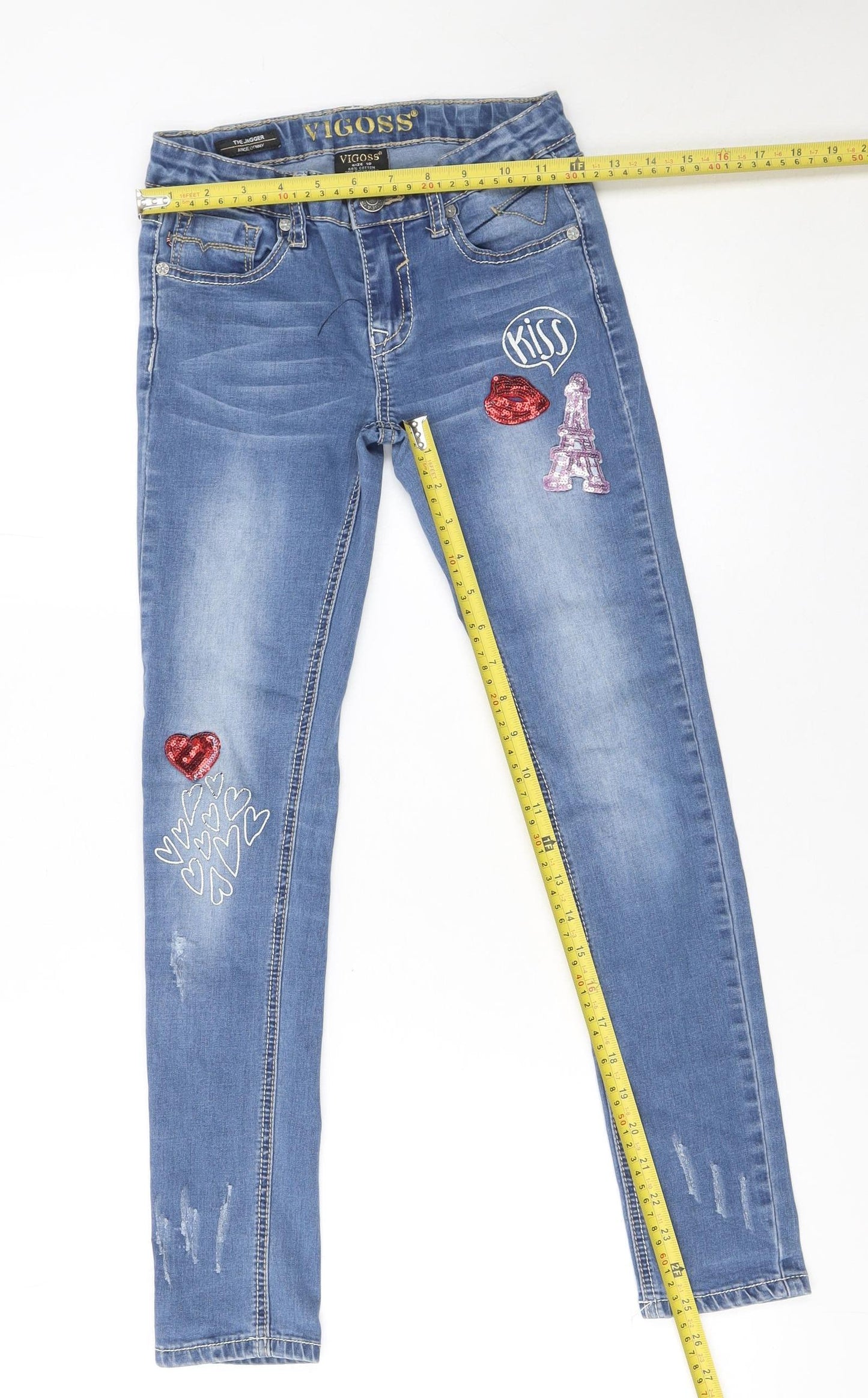 Vigoss Teens Blue Skinny Jeans Size 10 Sequin Embroidered Denim