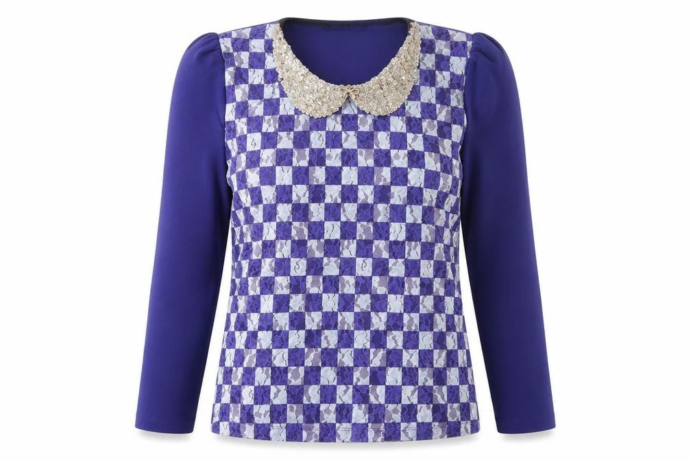 Benter Women's Blue Check Sequin Collar Long Sleeve Blouse Size L