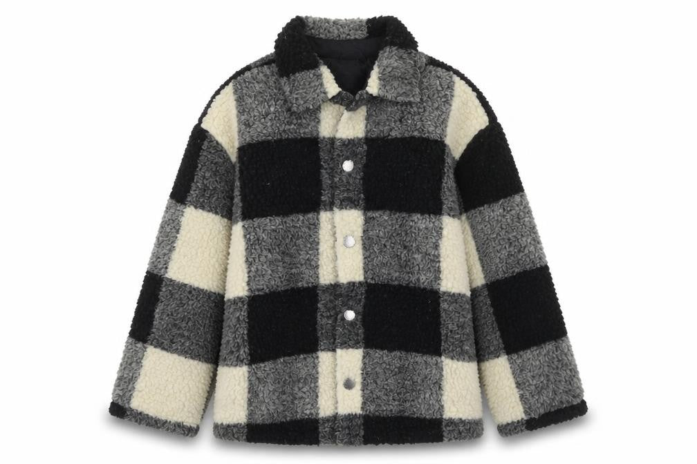 Front view of Next boys’ black check fleece shirt jacket 7 years lined winter coat