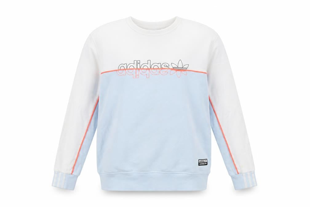 Front view of adidas boys’ blue & white colourblock crew neck sweatshirt 13-14 years