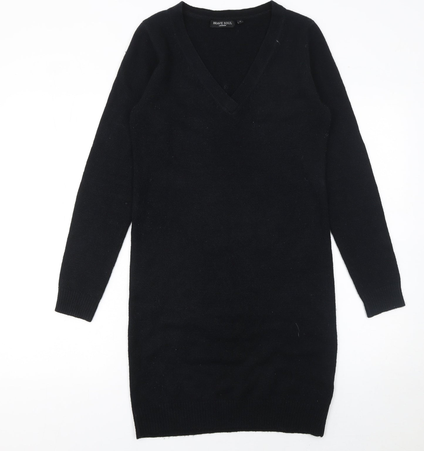 Brave Soul Women Black S Jumper Dress V-Neck Long Sleeve Knit