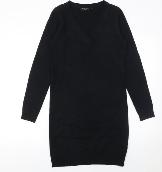 Brave Soul Women Black S Jumper Dress V-Neck Long Sleeve Knit