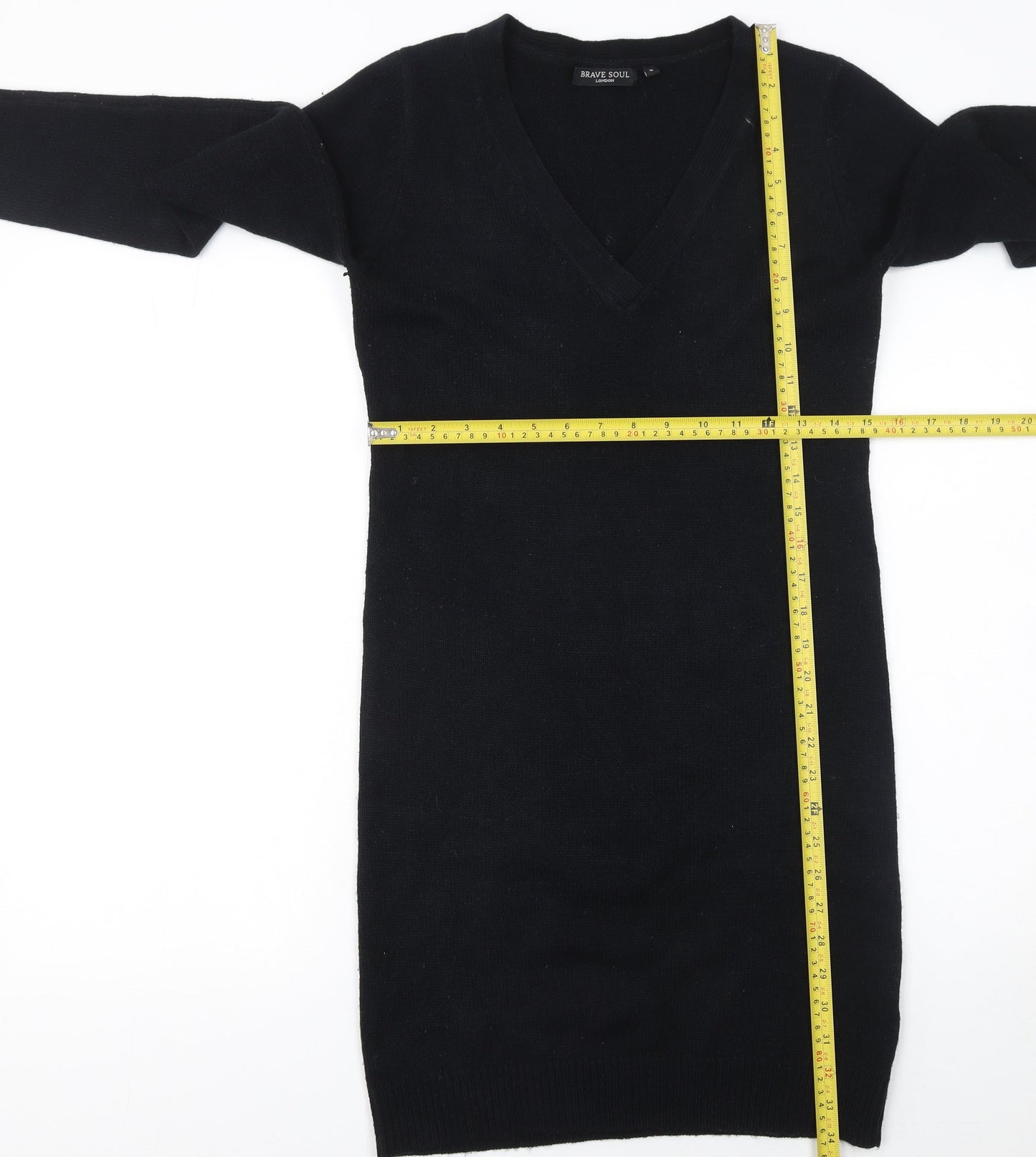 Brave Soul Women Black S Jumper Dress V-Neck Long Sleeve Knit