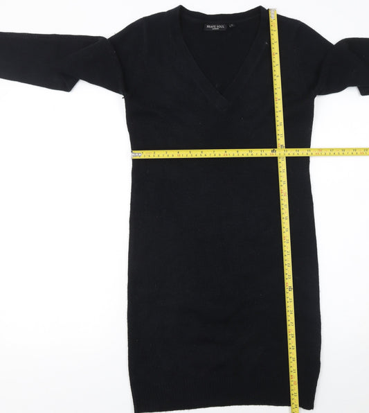 Brave Soul Women Black S Jumper Dress V-Neck Long Sleeve Knit