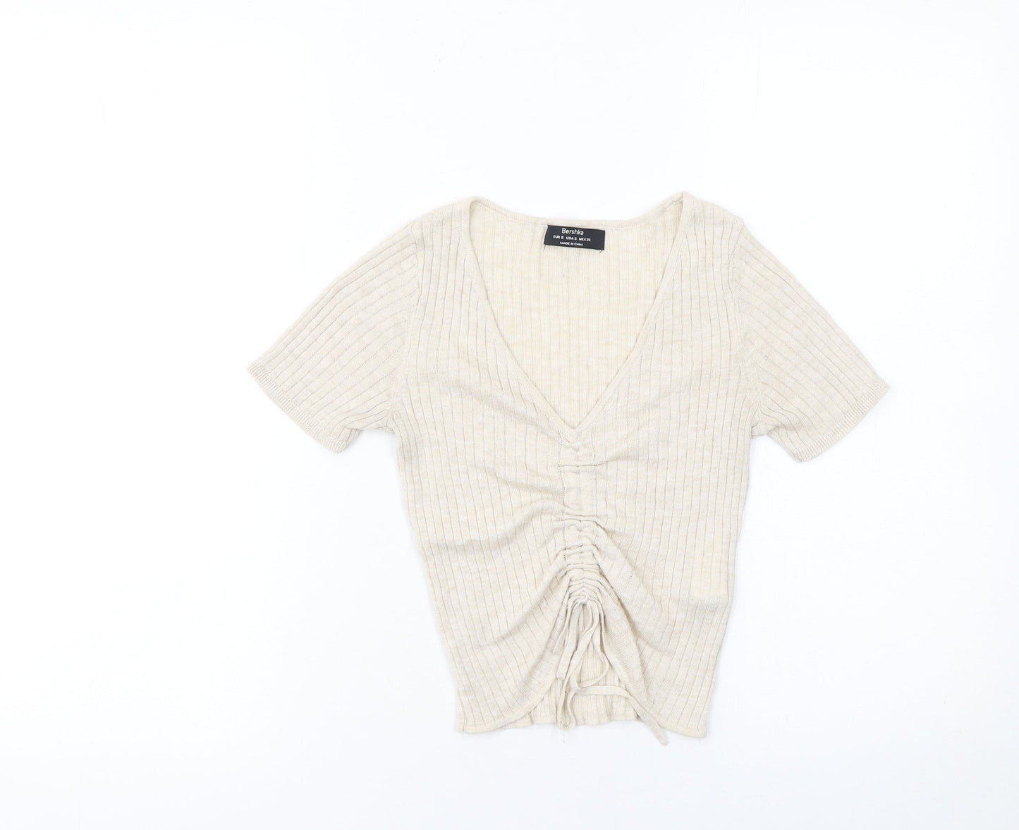 Bershka Women Beige Cropped Ruched Ribbed V-Neck T-Shirt Size S